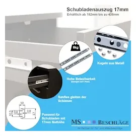 MS Beschläge Teilauszug 1 Paar Schubladenschienen 17mm Schubladen-Teilauszüge Führungsschiene Auszugsschiene Metall Teleskopauszug 342mm