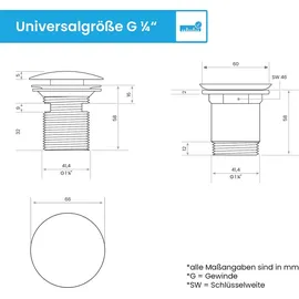 Bächlein Pop Up Ablaufgarnitur mit Überlauf für Waschbecken - Waschtisch – Edelstahl) gebürstet