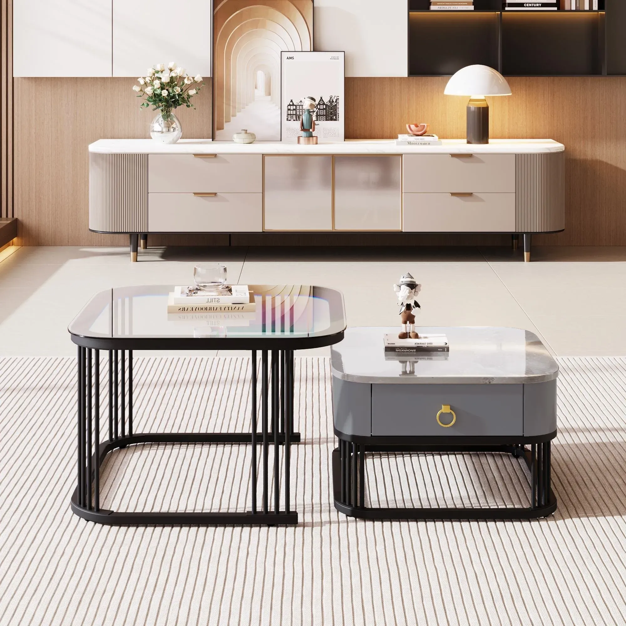 Couchtisch, 2er-Set mit Schublade Marmoroptik Stapelbarer Hochglänzende Glasplatte schwarze Beine, 60 x 60 x 42 cm, schwarz   Aosom.de