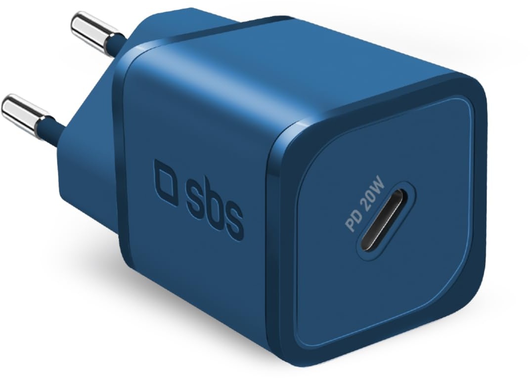 SBS Tragbares Ladegerät für Samsung, iPhone, Xiaomi, Oppo, 20W schnelles Gan Ladegerät für Smartphones und Tablets, schnelles und sicheres Power Delivery Ladegerät mit USB-C, blau