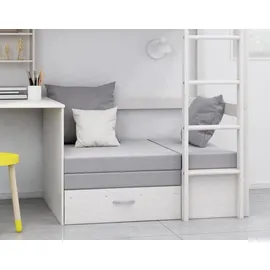 VCM Kids Hochbett, Couch, Lattenrost, Matratze, Schreibplatte und Regal weiss/hellgrau. - Weiß