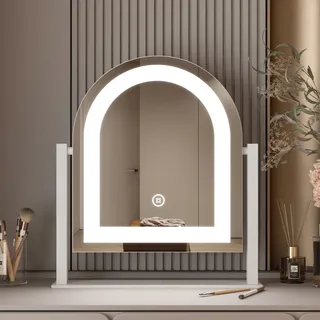 WDWRITTI Dimmbarer Schminkspiegel mit Beleuchtung LED Kosmetikspiegel, Bogen Tischspiegel 3 Lichtfarben Dimmbare Helligkeit, Stehend 360° Drehbar Make Up Mirror mit Touchschalter, Weiß