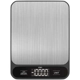 Strex Küchenwaage Digital - Küchenwaage - 1g bis 10kg - Tara-Funktion - Inklusive Batterien - Edelstahl/Schwarz