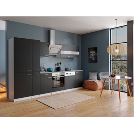 Respekta Küche Küchenzeile Küchenblock 310cm weiß schwarz Kühlkombi Designhaube