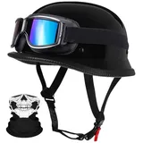 Deutsche Motorrad Jethelm ECE-Zertifizierung, Vintage Halbhelme Halbschalenhelm mit Schutzbrille Chopper Helm für Cruiser Street Scooter mit Schnellverschlussschnallen 22.4-25.2in