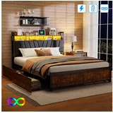 PXloue Polsterbett LED Doppelbett Metallbett (Inklusive USB--Ladeanschluss), Stauraumbett, mit 4 Schubladen und Stauraum am Kopfteil, 140x200cm braun 140 cm x 217 cm x 112.5 cm