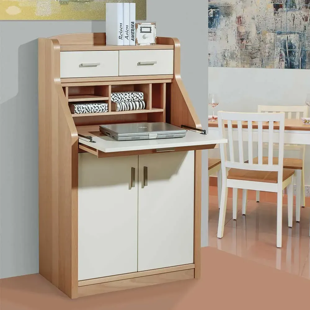 Sekretärschrank in Creme Weiß und mit Buche furniert 120 cm hoch