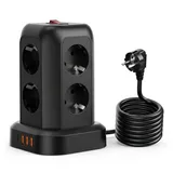 PRIISF 8-fach Steckdosenturm USB C Steckdosenleiste 3 USB A Steckdosenwürfel Mehrfachsteckdose (12-in-1 Überspannungsschutz Steckdosen in 90° & 45°-Anordnung, Steckdosentower mit USB A&C Ladestation, Kabellänge 1.8 m), mit Schalter Mehrfachsteckdose Steckerleiste für Büro Hause Reisen