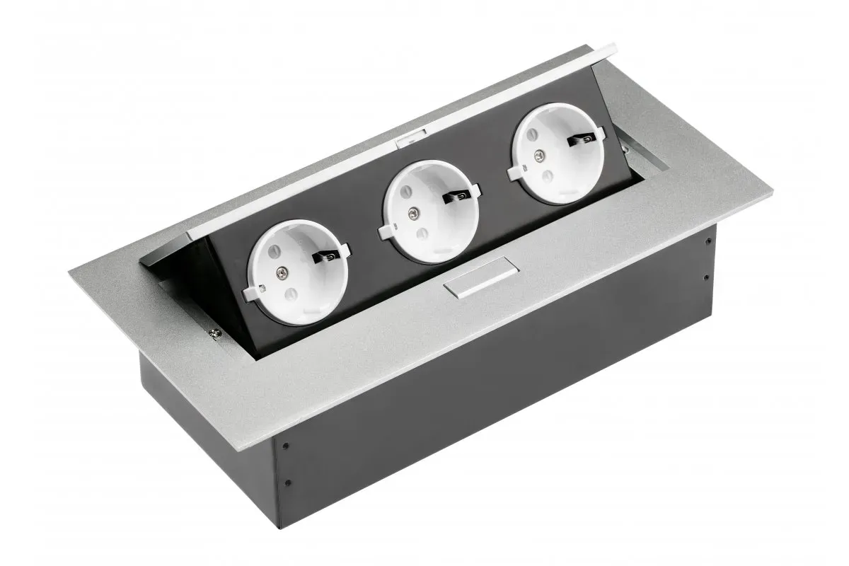 GTV Schreibtisch Steckdosenleiste zum Einlassen rechteckig 3x Schuko-Stecker - aluminium (ohne Netzkabel)