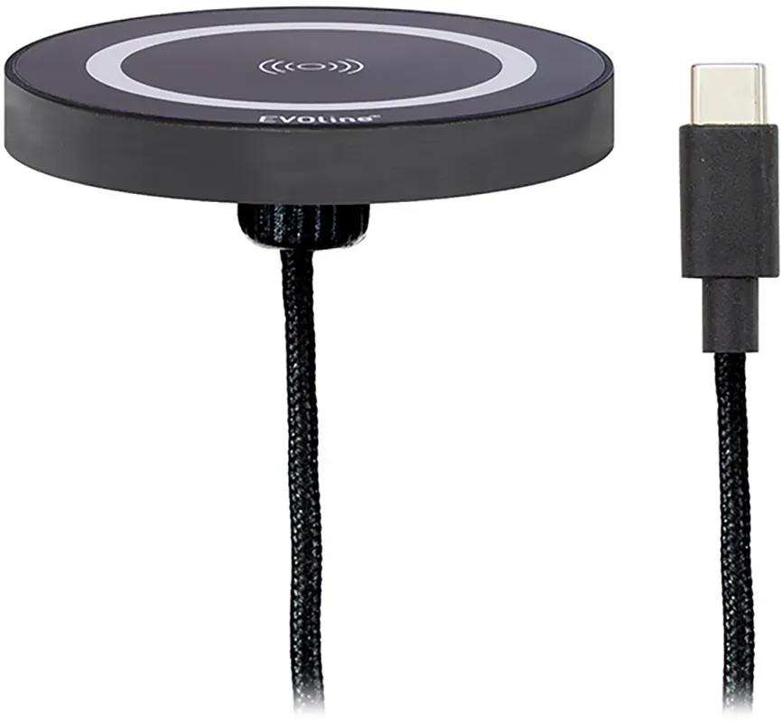 EVOline® 159909141100 WallDisQ Induktives Ladegerät mit USB C Stecker, 1,5 m Kabel schwarz, inkl. Netzteil 20 W mit USB C und Eurostecker