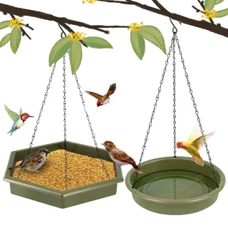 Vogeltränke Vogelfutterspender zum Aufhängen, 2 in 1 XL Vogelfutterstation Hängend & Vogelbadewanne für Außenbereich, Futterspender Wildvögel Vogelfutterhaus zum Aufhängen (Olivgrün)
