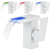LED Lichter Bad Wasserhahn Verchromt, Wasserfall Armatur, 3 Farbe Waschbeckenarmatur, Warm- und Kaltwasserhahn Modern Einhebel-Mischbatterie Waschbecken für Badezimmer (Weiß, 60cm Rohre inklusive)