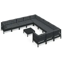 vidaXL 12-tlg. Garten-Lounge-Set mit Kissen Schwarz Kiefernholz