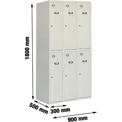 PROREGAL Spind AMEGO | 6 Abteile | HxBxT 180x90x50cm | Abteilbreite 30cm | Unterteilt | Feuerfeste Beschichtung | Lichtgrau | Metallspind