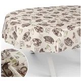 ANRO Tischdecke mit Tee und Kaffee aus Textil Tischtuch mit Beschichtung Tischwäsche (Einzelstück 1-tlg), auch als Gartentischdecke - mit Schutzschicht beige Oval | 140 cm x 160 cm x 0.3 mm