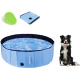 DEWEL Hundepool, Faltbar Hundepool für Große Hunde, Planschbecken für Hunde mit Haltegriff & Hundepflege Bürste, Blau, 120x30 cm