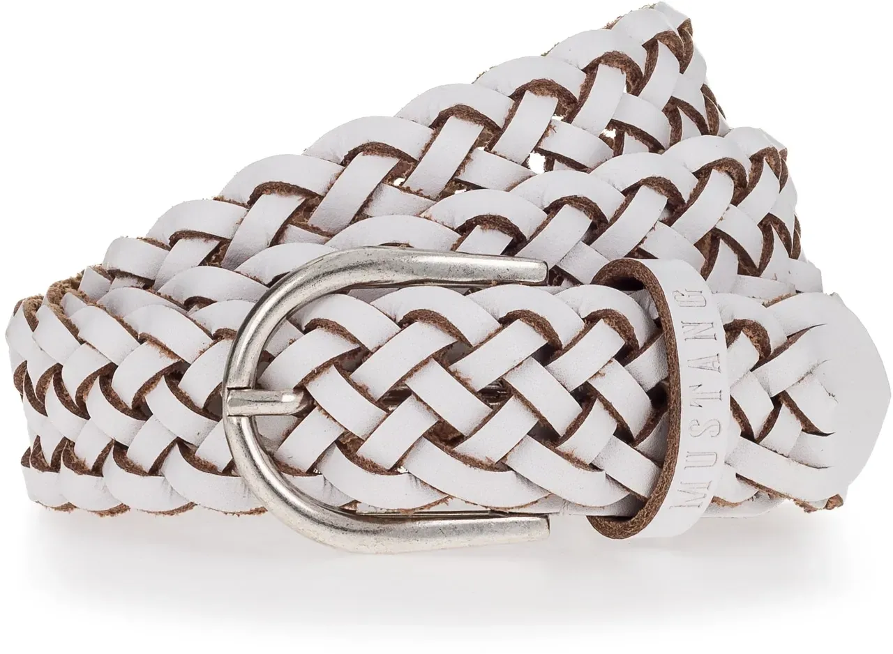 Flechtgürtel MUSTANG, Damen, Gr. 85, weiß, Leder, unifarben, Gürtel, Mit Hingucker-Flechtoptik, 3 cm