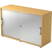 bümö Schiebetürenschrank "2OH" - Aktenschrank abschließbar, Sideboard Schrank mit Schiebetüren in Buche/Silber - Büroschrank aus Holz mit Schiebetür,
