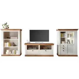 furn.design Wohnwand, Weiß, Eiche Wotan, Metall, Nachbildung,Pinie, 2 Fächer, 5 Schubladen, 376x139x52 cm, FSC 100%, Wohnzimmer, Wohnwände, Wohnwand-Sets