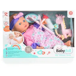 Moni Kinderpuppe 36 cm spricht macht Geräusche Flasche Rassel Softpuppe Kleidung rosa