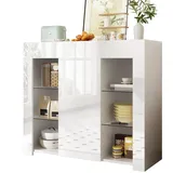 Weißes Buffet 95x35x83 Hochglanz mit Glasregalen, elegantes Design für Küche und Wohnräume, Stauraum für Geschirr und Dekor