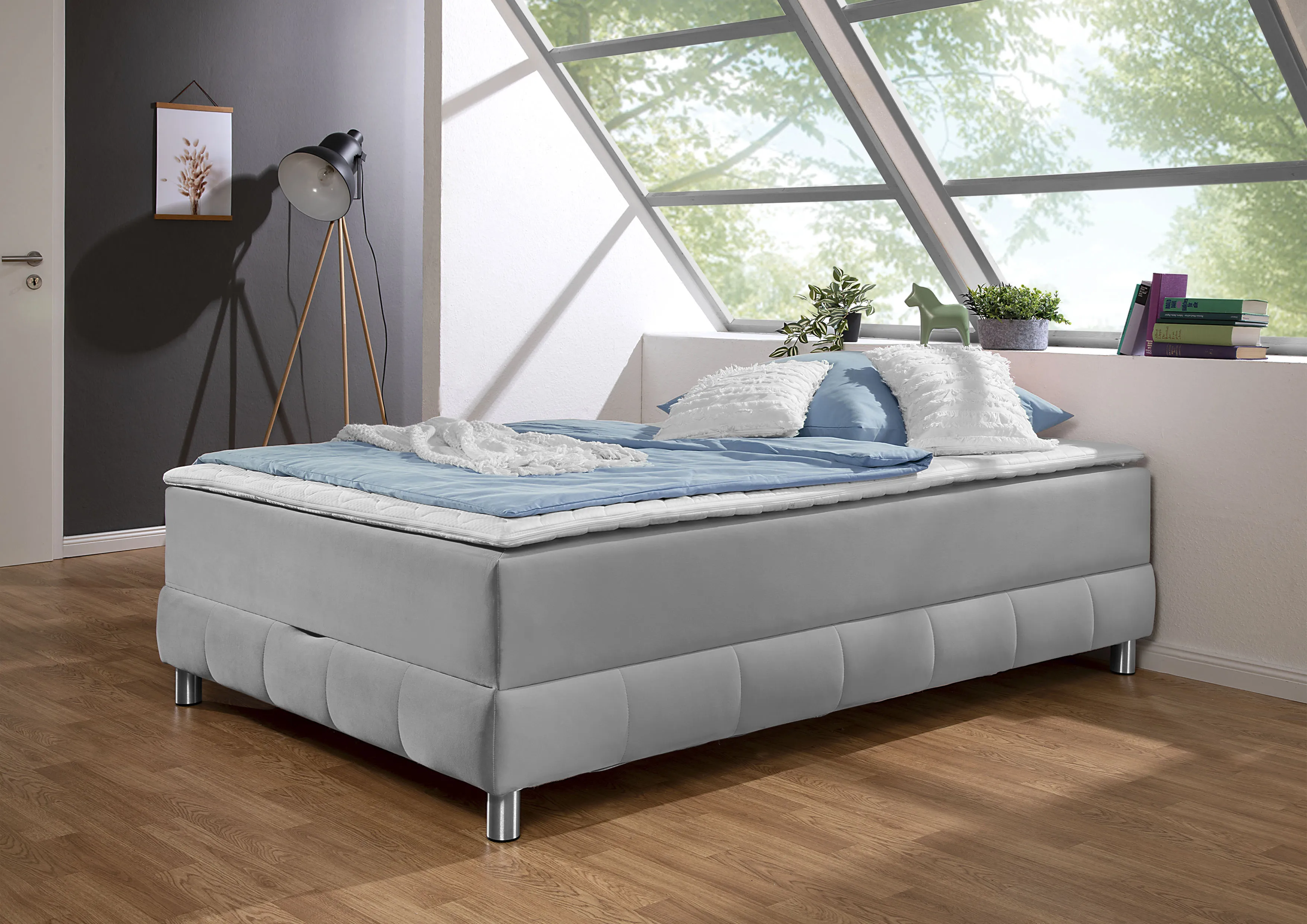 Boxspringbett INOSIGN "Vaasa", silber, B:146cm L:206cm, Komplettbetten, für Dachschrägen geeignet, inkl. Bettkasten und Topper