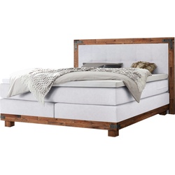Boxspringbett HASENA "Chicago", weiß (weiß, akazie grau), B:158cm L:206cm, Komplettbetten, Boxspringbett, im Vintagelook mit Punktsteppung im Kopfteil, Massivholz-Umrandung