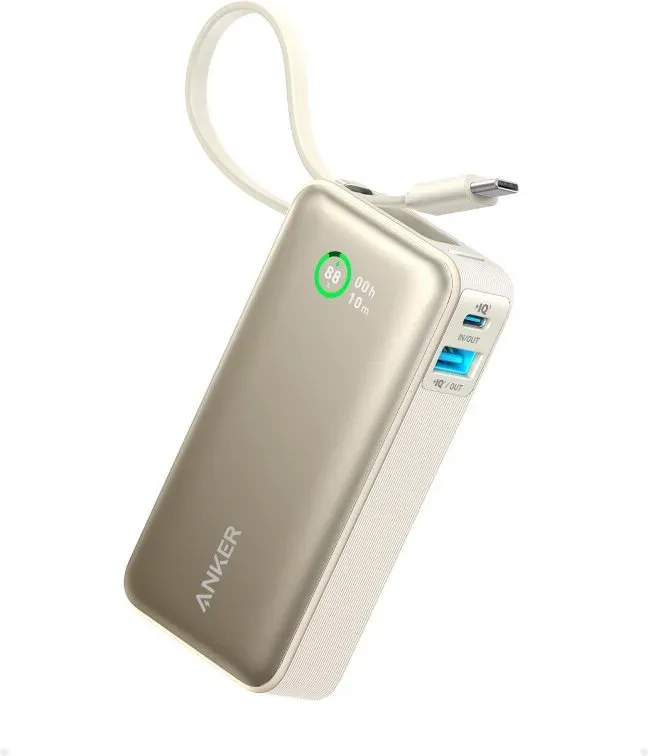 Anker nano powerbank (10.000 mAh, 30 W, integriertes USB‐C‐Kabel, weiß)