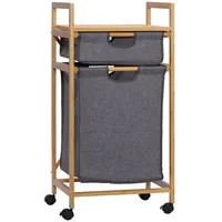 Homcom Wäschekorb mit 2 Stoffbeutel Wäschesack Wäschesammler mit Rollen Aufbewahrungskorb Bambus Naturholz+Grau 42 x 35B x 84,5H cm