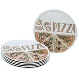 CreaTable Pizzatellerset, Weiß, Keramik, 6-teilig, Graphik, rund, lebensmittelecht, Essen - bunt