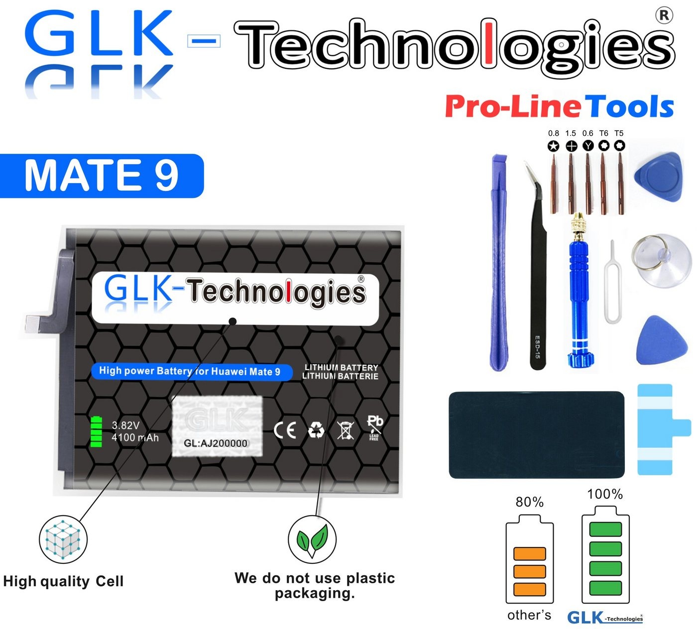 GLK-Technologies High Power Akku kompatibel mit Huawei Mate 9 Akku, GLK-Technologies Battery, accu, 4100mAh Akku, inkl. Profi Werkzeug Set Kit NUE Smartphone-Akku 4100 mAh (3.8 V)