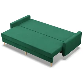 mebligo Sofa mit Schlaffunktion und Bettkasten Blank, 3 Sitzer Sofa 212 cm Breit, Schlafsofa, Ausziehbares Couch auf Holzfüßen, Schlafcouch Flaschengrün