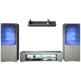 Vladon Wohnwand Nevada V2, (Anbauwand, bestehend aus 2 Vitrinen, 1 TV-Board und 1 Wandregal inkl. LED), Anthrazit matt/Avola-Anthrazit (304,5 x 141 x 39 cm) grau
