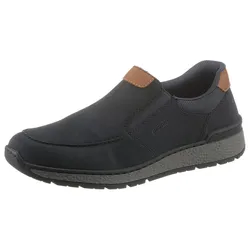 Slipper RIEKER, Herren, Gr. 44, bunt (dunkelblau, braun), Nubuklederimitat, Textil, sportlich, Schuhe, mit kontrastfarbenen Besätzen, bequeme Form