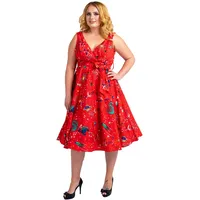 Miss Lavish London Frauen Plus Größe Kleider Retro Swing Blumen Rockabilly 40s und 50er Jahre Vintage Brautjungfer Kleid [GALAXIS-ROT-52] - 52