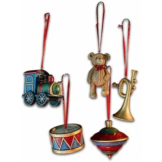 Loberon Anhänger 5er Set Dassa, Teddy, Trompete, Trommel, Eisenbahn, Kreisel, Weihnachtsdeko, nostagisches Weihnachten, Polyresin, bunt