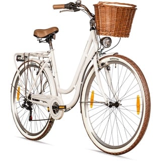 Bergsteiger Marseille 26 Zoll Damenfahrrad, ab 150 cm, Korb aus Rattan, Fahrrad-Licht, Damen-Citybike, Damenrad im Retro-Design«, 6 Gang Schaltung, Kettenschaltung