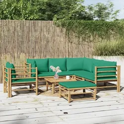 vidaXL 8-tlg. Garten-Lounge-Set mit Grünen Kissen und Bambus, Braun