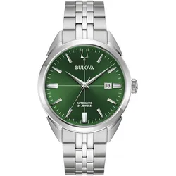 Automatikuhr BULOVA, silber (silberfarben, grün), Armbanduhren, Damen, Armbanduhr, Herrenuhr, Damenuhr, Lederarmband, Saphirglas