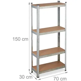 Relaxdays Schwerlastregal verzinkt, Traglast 700kg, 150x70x30 cm, 4 Böden, zum Stecken, Stahl, silber