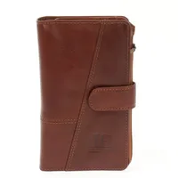 LECONI Geldbörse großes Portemonnaie Damen Brieftasche Frauen Echt Leder LE9017, Schlaufe mit Druckknopf – 20 Kartenfächer – 11 × 19 × 2,5 cm braun