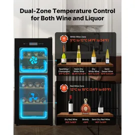 Vevor Weinkühlschrank für 32 Flaschen, Freistehender Flaschenkühlschrank mit Doppelzonen, Einstellbarer Temperatur von 5 °C bis 18 °C und Glastür, für Hausbar, Büro, Bar, Rotwein, Weißwein, Champagner