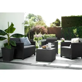 KETER Lounge Set Emma 8-teilig - graphit 2 Sessel + 2er Sofa + 1 Tisch mit Stauraum Sitzauflagen;