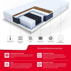 Fdm Taschenfederkernmatratze 100 x 200 cm Matratze 7-Zonen Polyurethanschaum Latex Kokos Härtegrad H4/H3 (Hart/Mittelhart) Höhe 20 cm Zweiseitig Bezug Abnehmbar Waschbar