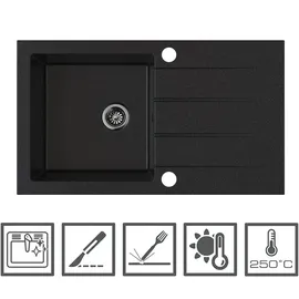 Manestein Granitspüle schwarz links Einbauspüle 76 x 44 mm Handbetätigung