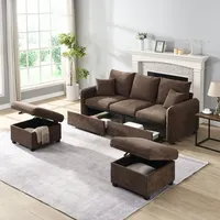 Merax Ecksofa U-Form mit Schlaffunktion und Stauraum, Dreisitzer Sofa-Set mit 2 Hocker – Chenille-Stoff, Metallrahmen, Modular Kombinierbar, Braun - Braun