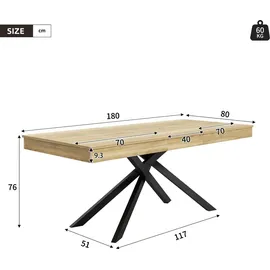 stilvora Küchentisch 180 x 76 x 80 cm braun