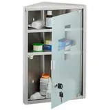 Relaxdays Medizinschrank, 3 Fächer, HxBxT: 45x30x17,5 cm, abschließbar, Edelstahl, Glastür, Eck Apothekenschrank, Silber