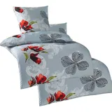 KH-Haushaltshandel 4-TLG. Seersucker Bettwäsche 2X 135x200 +80x80cm, grau, Blüten, bügelfrei, Microfaser (W401050)