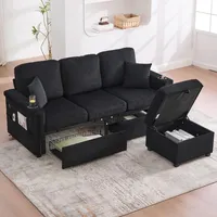 OPODEE Modulares Sofa mit LED-Beleuchtung & USB-C, 3-Sitzer Ecksofa L-Form mit Stauraum-Hocker & Getränkehalter, Moderne Couch Samt-Optik für Wohnzimmer & Büro, 194x127x81cm, Schwarz